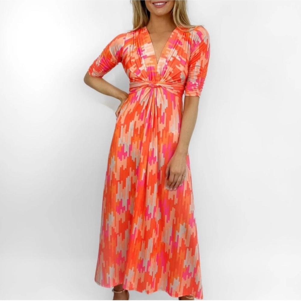 Kate & Pippa Orange and Pink Motif Stretchy Maxi Dress Medium